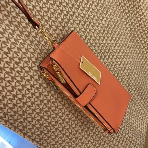 Michael Kors Jet Set Travel Leather Large Double Zip Wallet Wristlet Sherbert - Picture 11 of 16